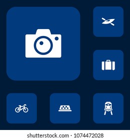 Set of 6 relax icons set. Collection of camera, train, baggage and other elements.