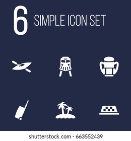 Set Of 6 Relax Icons Set.Collection Of Baggage, Tram, Palm And Other Elements.