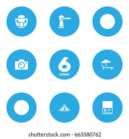 Set Of 6 Relax Icons Set.Collection Of Seamark, Booth, Chaise Longue And Other Elements.