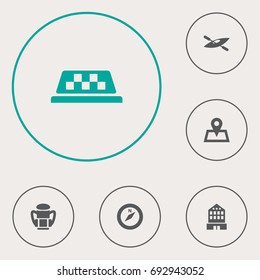 Set Of 6 Relax Icons Set.Collection Of Canoe, Rucksack, Building And Other Elements.