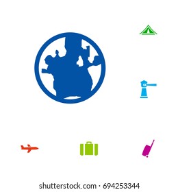 Set Of 6 Relax Icons Set.Collection Of Booth, Suitcase, Planet And Other Elements.