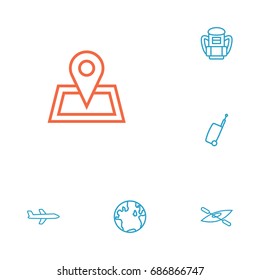 Set Of 6 Relax Outline Icons Set.Collection Of Airplane, Pin, Bag And Other Elements.