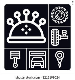 Set of 6 repair outline icons such as saw, suspension, pistons, garage, pin cushion