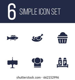 Set Of 6 Restaurant Icons Set.Collection Of Dinner Desk, Chef, Condiments And Other Elements.