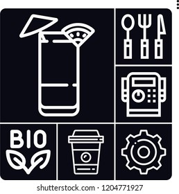 Set of 6 restaurant outline icons such as tequila sunrise, bio, settings, coffee cup, starter