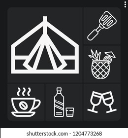 Set of 6 restaurant outline icons such as whiskey, cocktail, wine glass, coffee, spatula