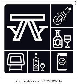 Set of 6 restaurant outline icons such as soda, gin, table, champagne, picnic table