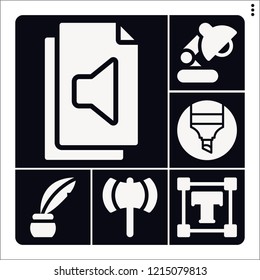 Set of 6 retro filled icons such as ax, inkwell, audio file, marker, type
