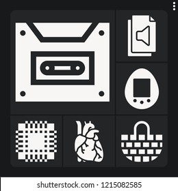 Set of 6 retro filled icons such as heart, audio file, tamagotchi, basket, patch