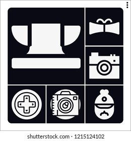 Set of 6 retro filled icons such as anvil, gamepad, photo camera, sherlock holmes, camera