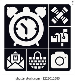 Set of 6 retro filled icons such as letter, postbox, camera, cross wrench, basket
