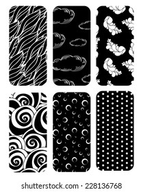 Set of 6 retro mobile phone covers in black and white. Decals for cell phones. Vector illustration.