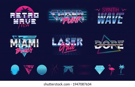 Set of 6 Retro neon logo templates and 10 trendy elements to create your own design. Print for t-shirt, typography. Trendy retro 80's design for logo, label, banner, poster. Vector illustration