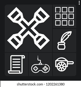 Set of 6 retro outline icons such as papyrus, carriage, inkwell, menu, gamepad