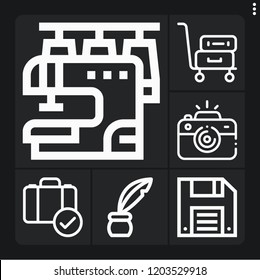 Set of 6 retro outline icons such as inkwell, camera, luggage, sewing machine