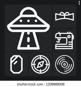 Set of 6 retro outline icons such as record, compass, ufo, scroll, sewing