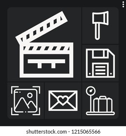 Set of 6 retro outline icons such as ax, photo, luggage, diskette, clapperboard