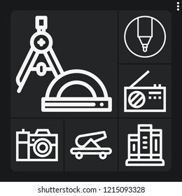 Set of 6 retro outline icons such as cannon, marker, compass, books, camera
