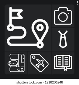 Set of 6 retro outline icons such as route, label, camera, book, coffee