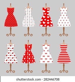 Set of 6 retro pinup cute woman dresses on a mannequin. Short elegant, red and white color polka dot design lady dress collection. Vector art image illustration, isolated on background