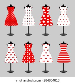Set of 6 retro pinup cute woman dresses on a black plastic mannequin. Short elegant, red and white color polka dot design lady dress collection. Vector art image illustration, isolated on background