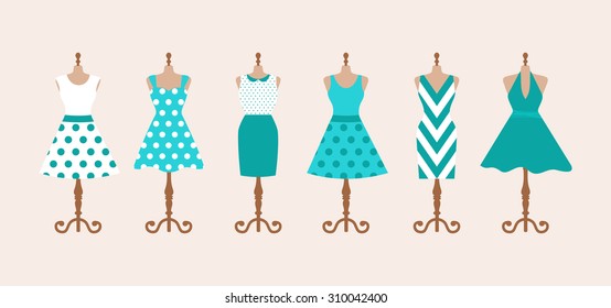 Set of 6 retro pinup cute woman dresses on a mannequin. Short and long elegant green, blue and white color polka dot design lady dress collection. Vector art image illustration, isolated on background