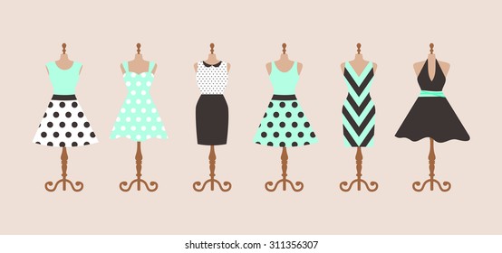 Set of 6 retro pinup cute woman dresses on a mannequin. Short elegant black, green and beige color polka dot design lady dress collection. Vector art image illustration isolated on background