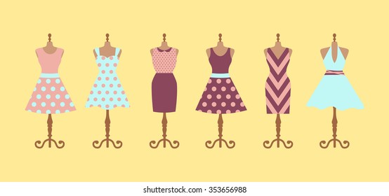 Set of 6 retro pinup cute woman dresses on a mannequin. Short and long elegant purple, pink and blue color polka dot design lady dress collection. Vector art image illustration, isolated on background