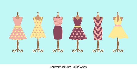 Set of 6 retro pinup cute woman dresses on a mannequin. Short and long elegant purple, pink and yellow polka dot design lady dress collection. Vector art image illustration isolated on blue background