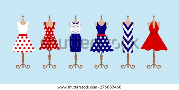 レトロな女性のドレスをマネキンに6セット 青 赤 白のカラーポルカ