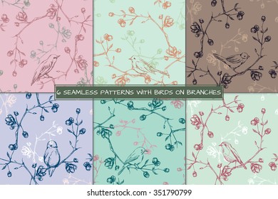 Set of 6 retro seamless floral background with birds on branches