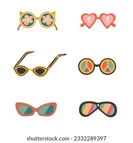 Set of 6 Retro sunglasses, vintage vector illustration. Nostalgic 70s-90s vibes for fashion sticker, patches and badges