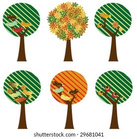Set of 6 retro trees with flowers, birds and fruits,totally editable