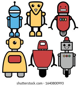 Set 6 robot Cartoon Character Vector Illustration with outline style.