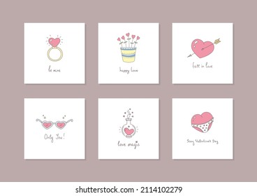 Set of 6 romantic cards. Funny doodle illustrations with hand writing wishing text isolated on a white background. Valentine's Day templates. Vector 10 EPS.