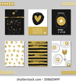 Set of 6 romantic cards templates. Love theme design. Creative Hand Drawn card for wedding, anniversary, birthday, Valentine's day, party invitations. Black and gold. Vector illustration.