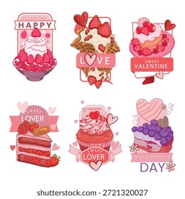 Un conjunto de 6 ilustraciones de postre de estilo romántico, dibujado a mano que incluyen pastel de fresa, cupcakes, waffles y panqueques. Cada diseño presenta temas del Día de San Valentín con tonos rosados suaves, corazones y cintas decorativas con el texto "Sweet Lover" y "Happy Valentine". Ideal para pegatinas, tarjetas de felicitación, diseños de menú y publicaciones en redes sociales.