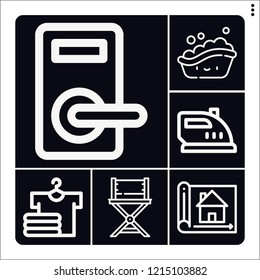 Set of 6 room outline icons such as laundry, chair, house plan, iron, bath tub