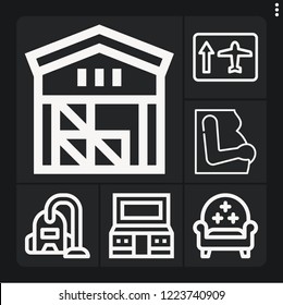 Set of 6 room outline icons such as warehouse, airport, supercomputer, vacuum, armchair