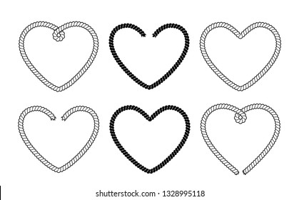 Set of 6 rope heart frames. Black and white vector illustration