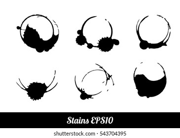 Set of 6 round black grunge circle ring stains, wine or coffee, isolated on white background. Monochrome vector illustration EPS10.
