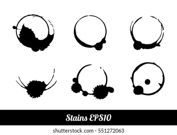 Set of 6 round black grunge circle ring stains, wine or coffee, isolated on white background. Monochrome vector illustration EPS10