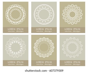 Set of 6 round design elements, mandala ornaments. Vector stylized flowers, lace patterns. Circular logo for boutique, shop, business, interior, company symbol, emblem. Thin line geometric shape