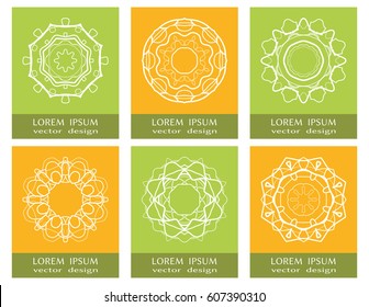 Set of 6 round design elements, mandala ornaments. Vector stylized flowers, lace patterns. Circular logo for boutique, shop, business, interior, company symbol, emblem. Thin line geometric shape