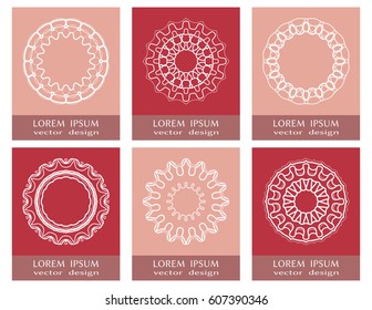 Set of 6 round design elements, mandala ornaments. Vector stylized flowers, lace patterns. Circular logo for boutique, shop, business, interior, company symbol, emblem. Thin line geometric shape