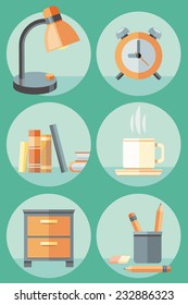 Set Of 6 Round Icons Of Lamp, Clock, Books, Cup Of Coffee, Stationery And Cupboard On Green Background