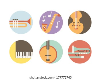 set of 6 round icons with music instruments