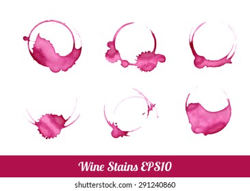 Set of 6 round ink wine stains isolated on white background. Vector wine set collection of circles, splashes and spot for logo design. Watercolor handdrawn glass marks and stains.