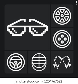 Set of 6 round outline icons such as steering wheel, glasses, wheel, bracelet, puck
