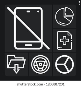 Set of 6 round outline icons such as chart, add button, no phone, steering wheel, pie chart